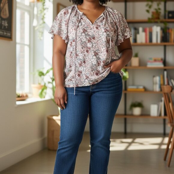 simplyfun Tops - (F-188)Womens Floral Blouse Short Sleeve V-Neck Lightweight Polyester Casual Top